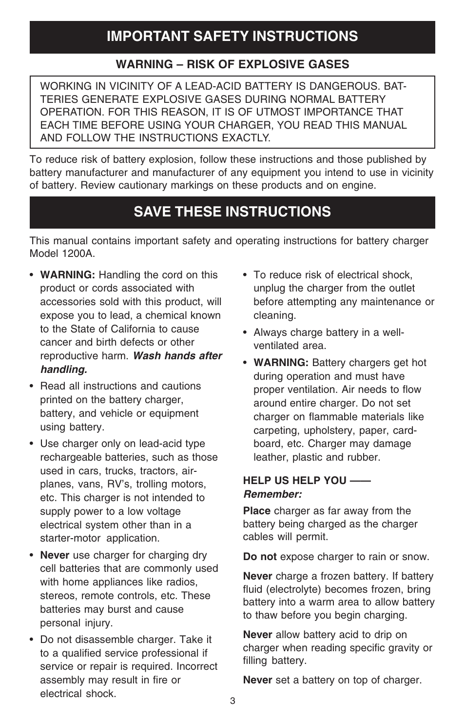 Important safety instructions, Save these instructions | Schumacher 1200A User Manual | Page 3 / 16