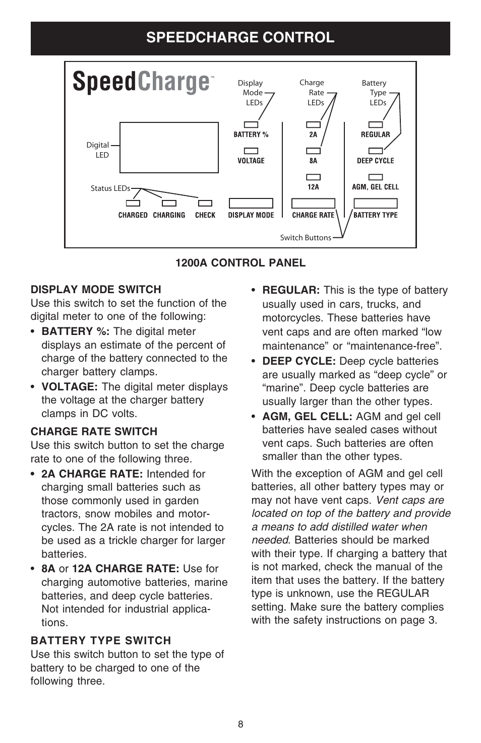 Speed charge, Speedcharge control | Schumacher 1200A User Manual | Page 8 / 16