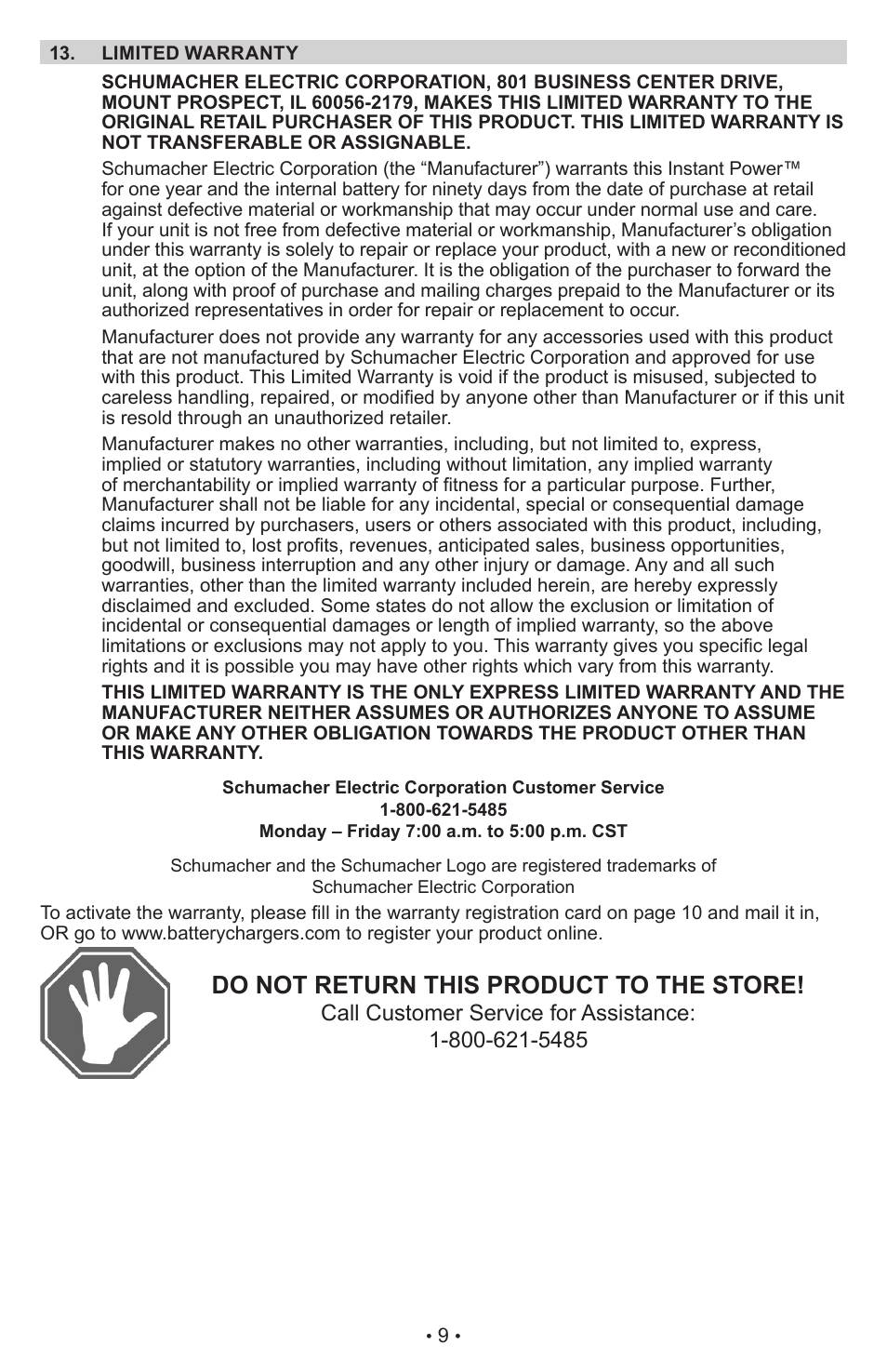 Do not return this product to the store | Schumacher Instant Power Jump Starter and DC Power Source XJS4 User Manual | Page 11 / 22