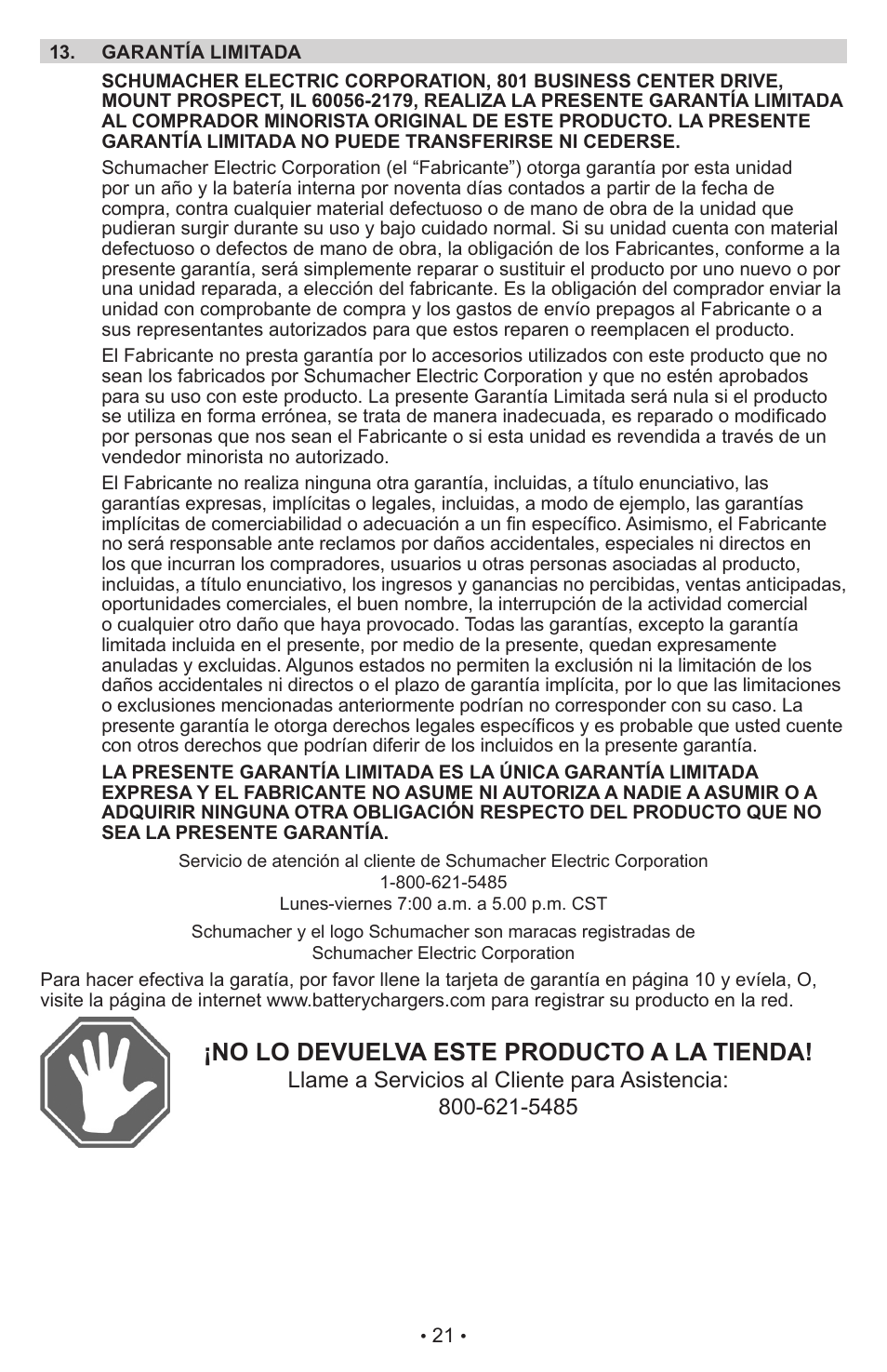 No lo devuelva este producto a la tienda | Schumacher Instant Power Jump Starter and DC Power Source XJS4 User Manual | Page 22 / 22