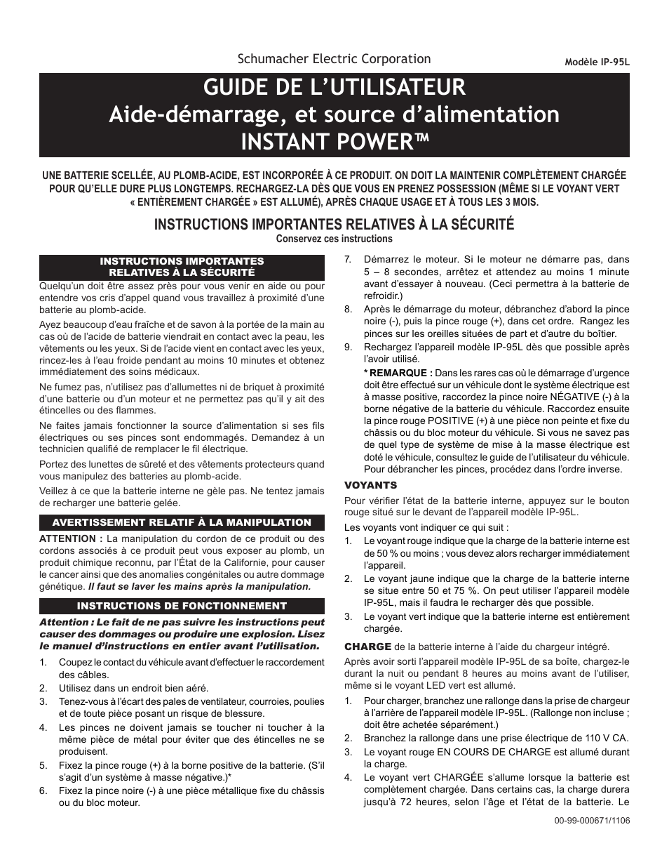99-000671-1106_french, Instructions importantes relatives à la sécurité | Schumacher IP-95L User Manual | Page 3 / 8