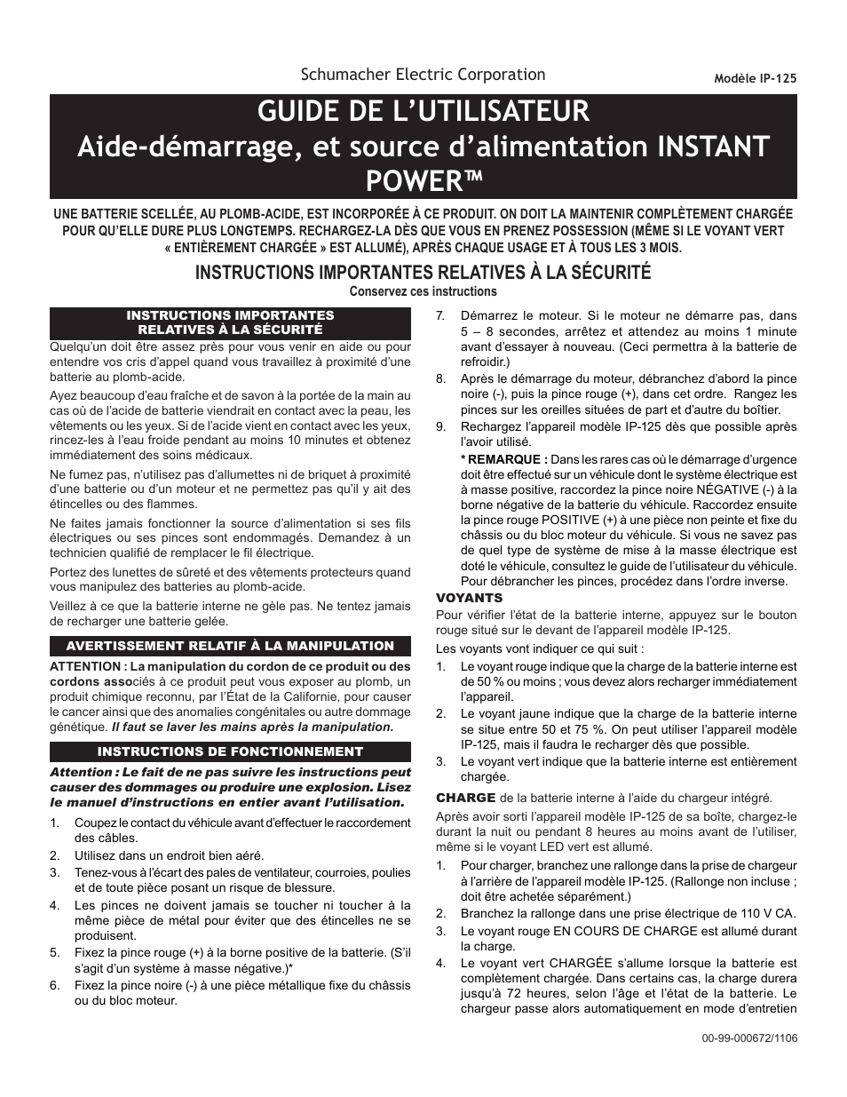 99-000672-1106_french.pdf, Instructions importantes relatives à la sécurité | Schumacher IP-125 User Manual | Page 3 / 8