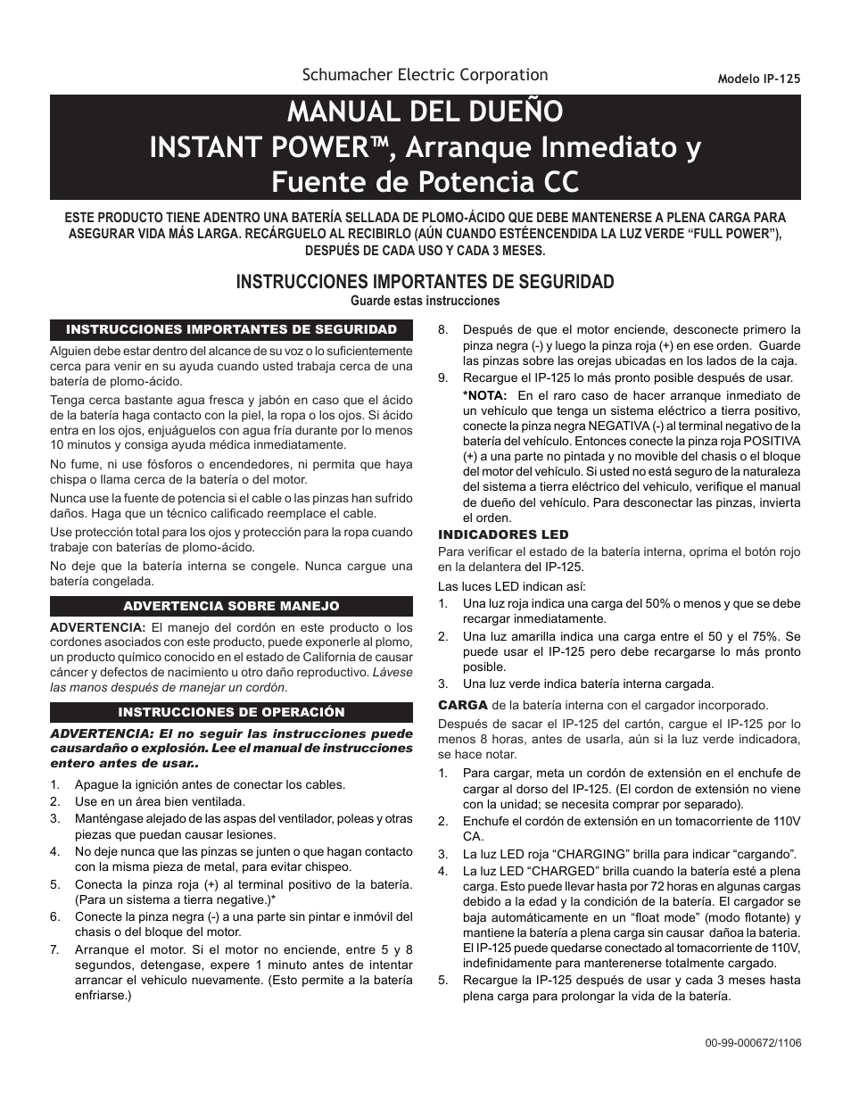 99-000672-1106_spanish.pdf, Instrucciones importantes de seguridad | Schumacher IP-125 User Manual | Page 6 / 8