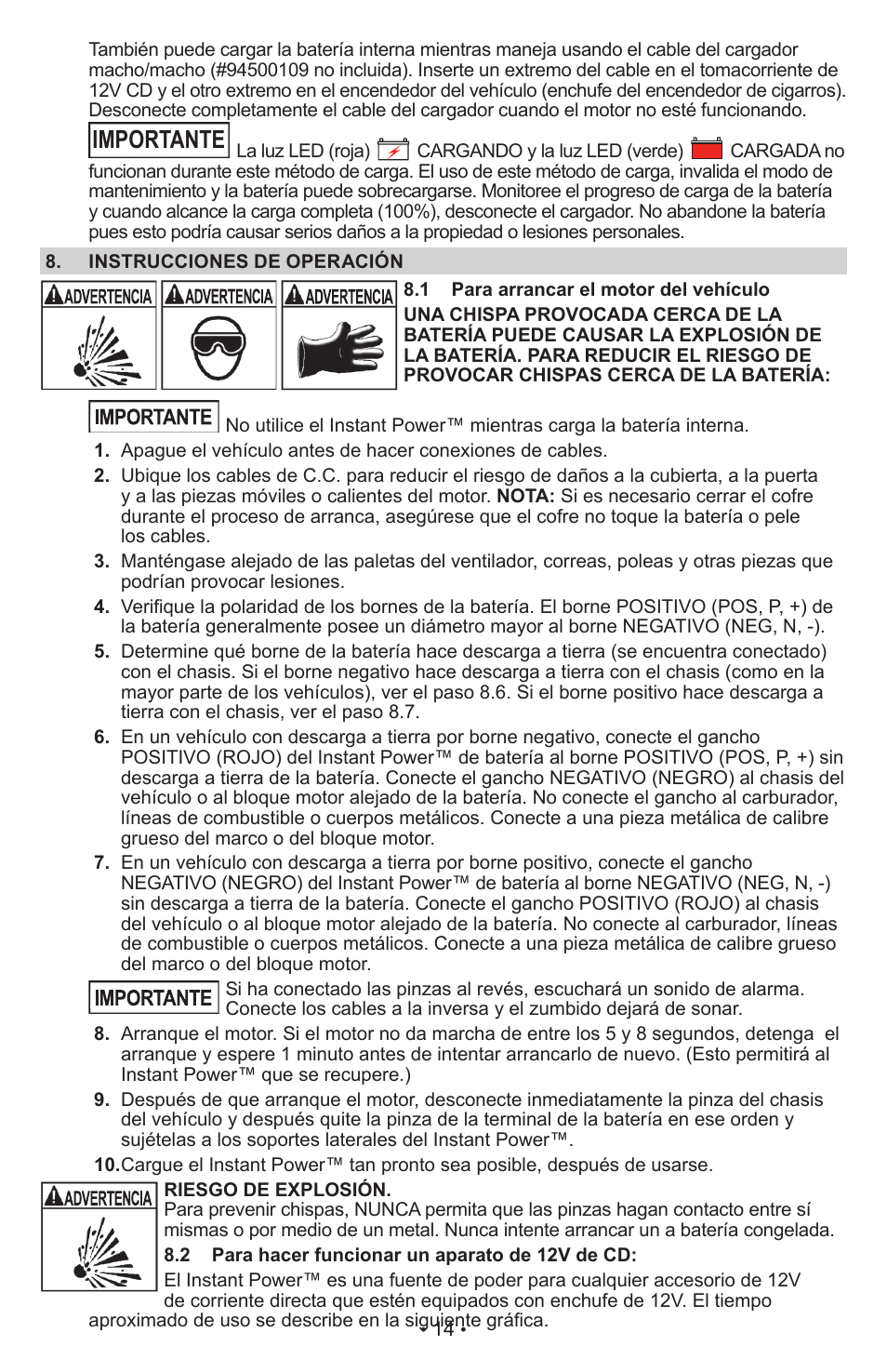 Importante | Schumacher Jump Starter and DC Power Source IP-75 User Manual | Page 14 / 24