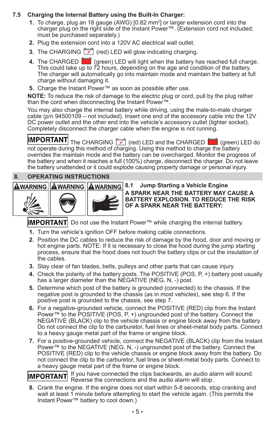 Schumacher Jump Starter and DC Power Source IP-75 User Manual | Page 5 / 24