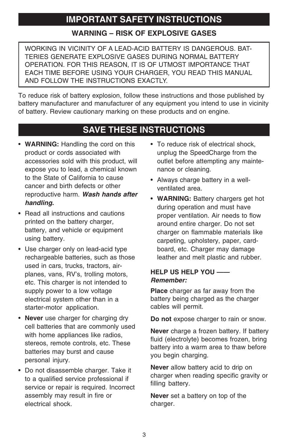 Important safety instructions, Save these instructions | Schumacher 6000A User Manual | Page 3 / 16
