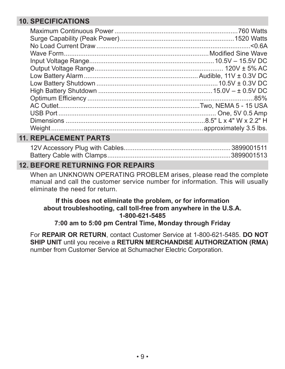Schumacher Power Inverter PID-760 User Manual | Page 9 / 36