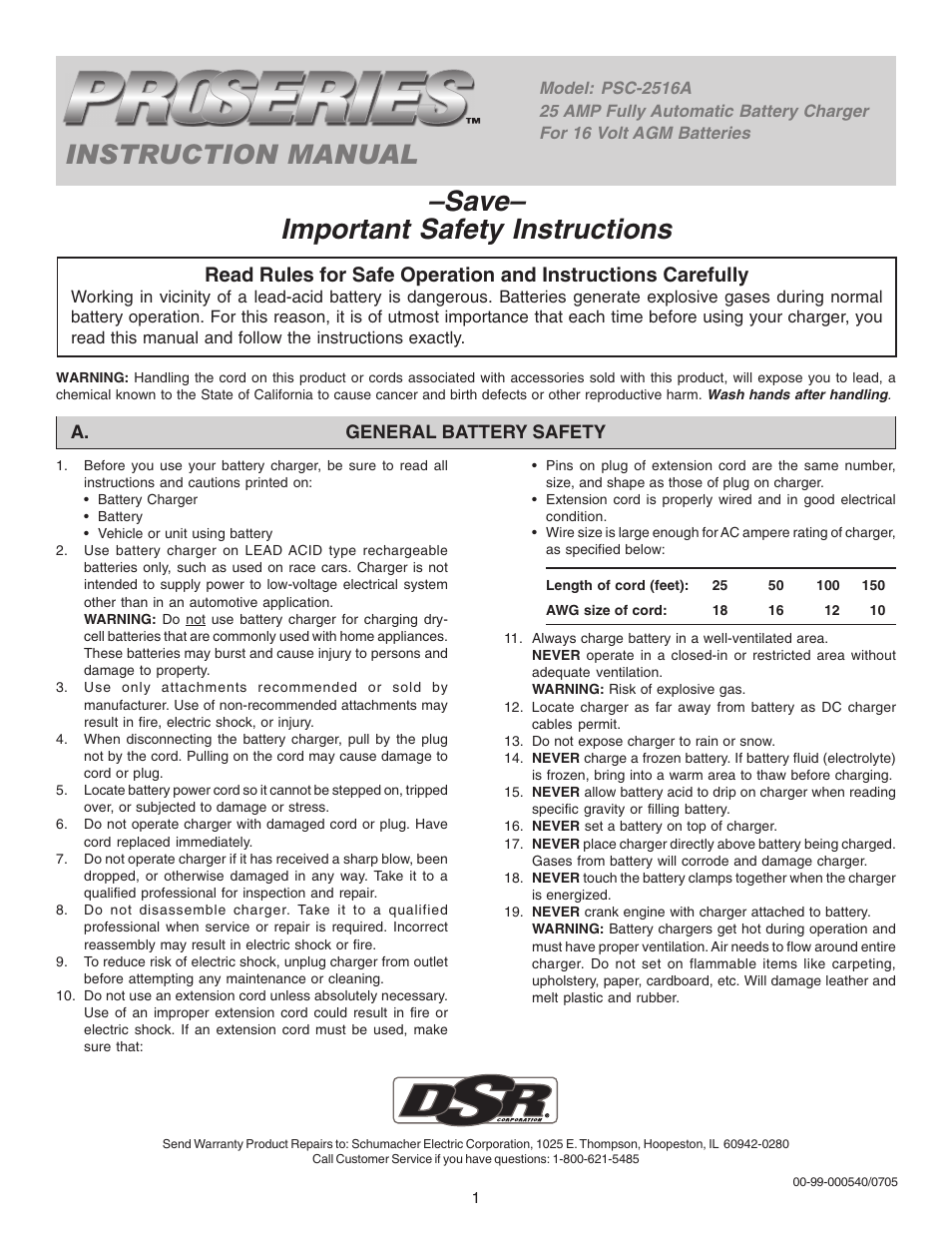Schumacher PSC-2516A User Manual | 4 pages