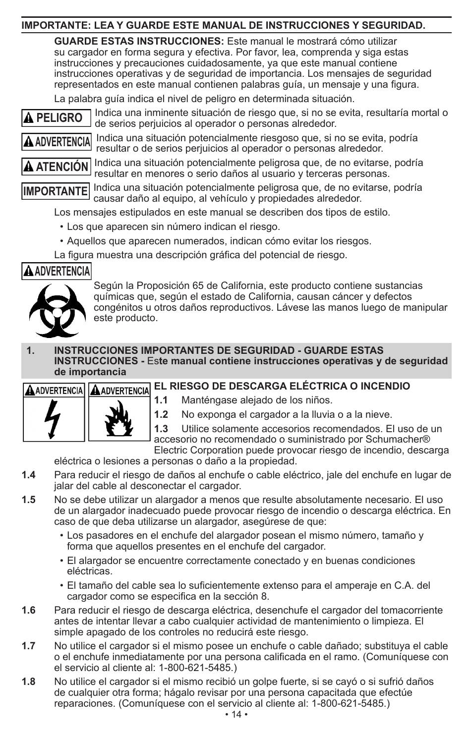 Advertencia, Peligro, Atención importante | Schumacher Automatic SC-8010A User Manual | Page 15 / 26