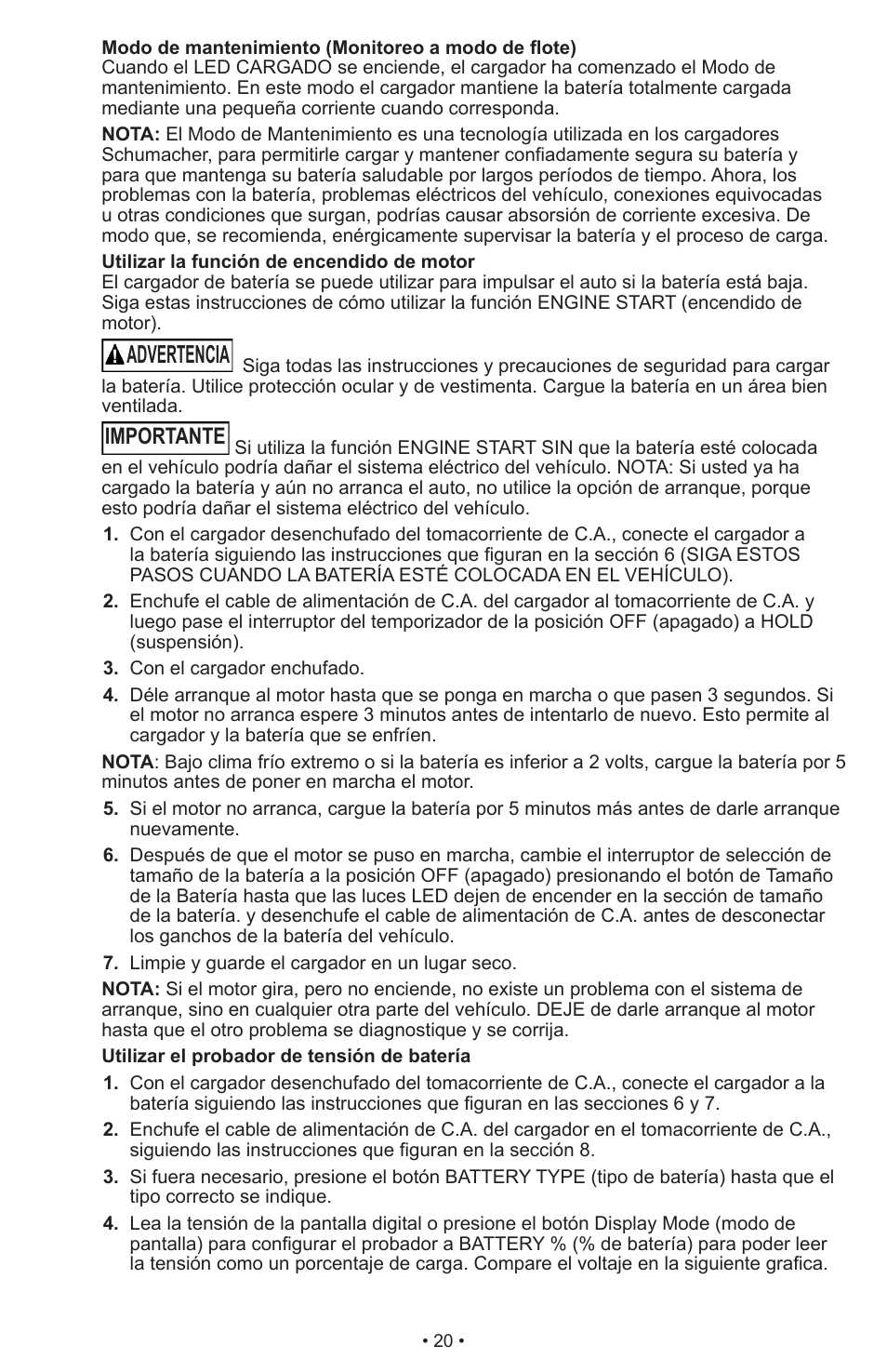 Advertencia, Importante | Schumacher Automatic SC-8010A User Manual | Page 21 / 26