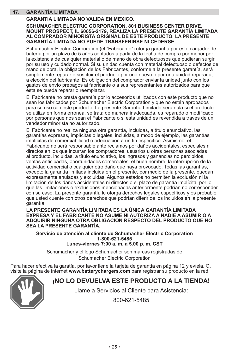 No lo devuelva este producto a la tienda | Schumacher Automatic SC-8010A User Manual | Page 26 / 26