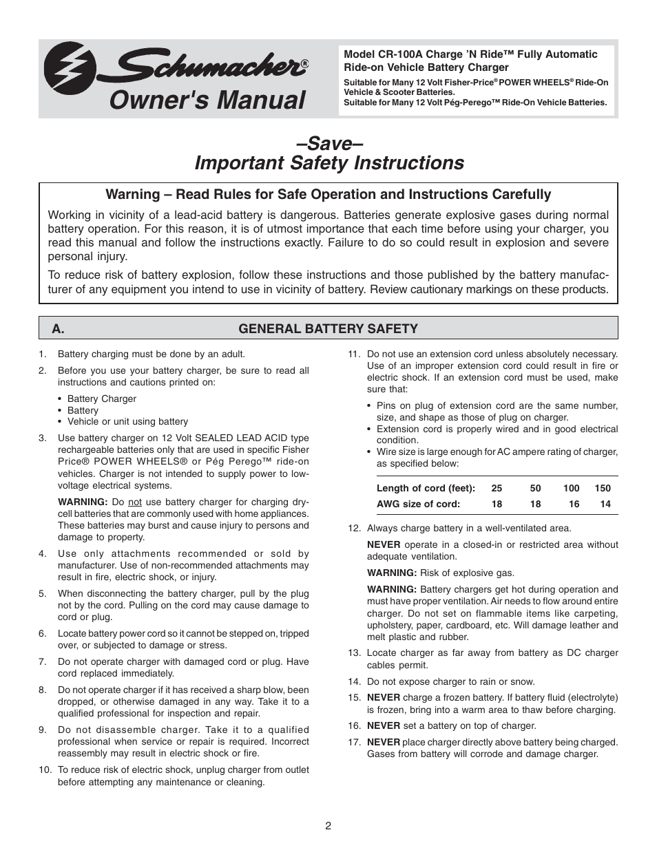 Owner's manual, Save– important safety instructions | Schumacher CR-100A User Manual | Page 2 / 8