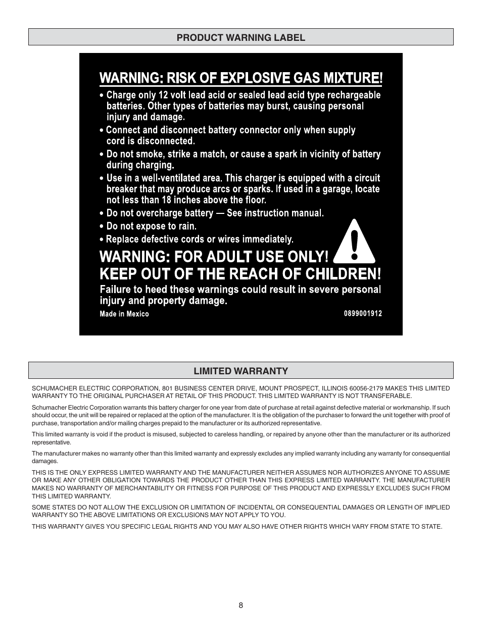 Product warning label limited warranty | Schumacher CR-100A User Manual | Page 8 / 8