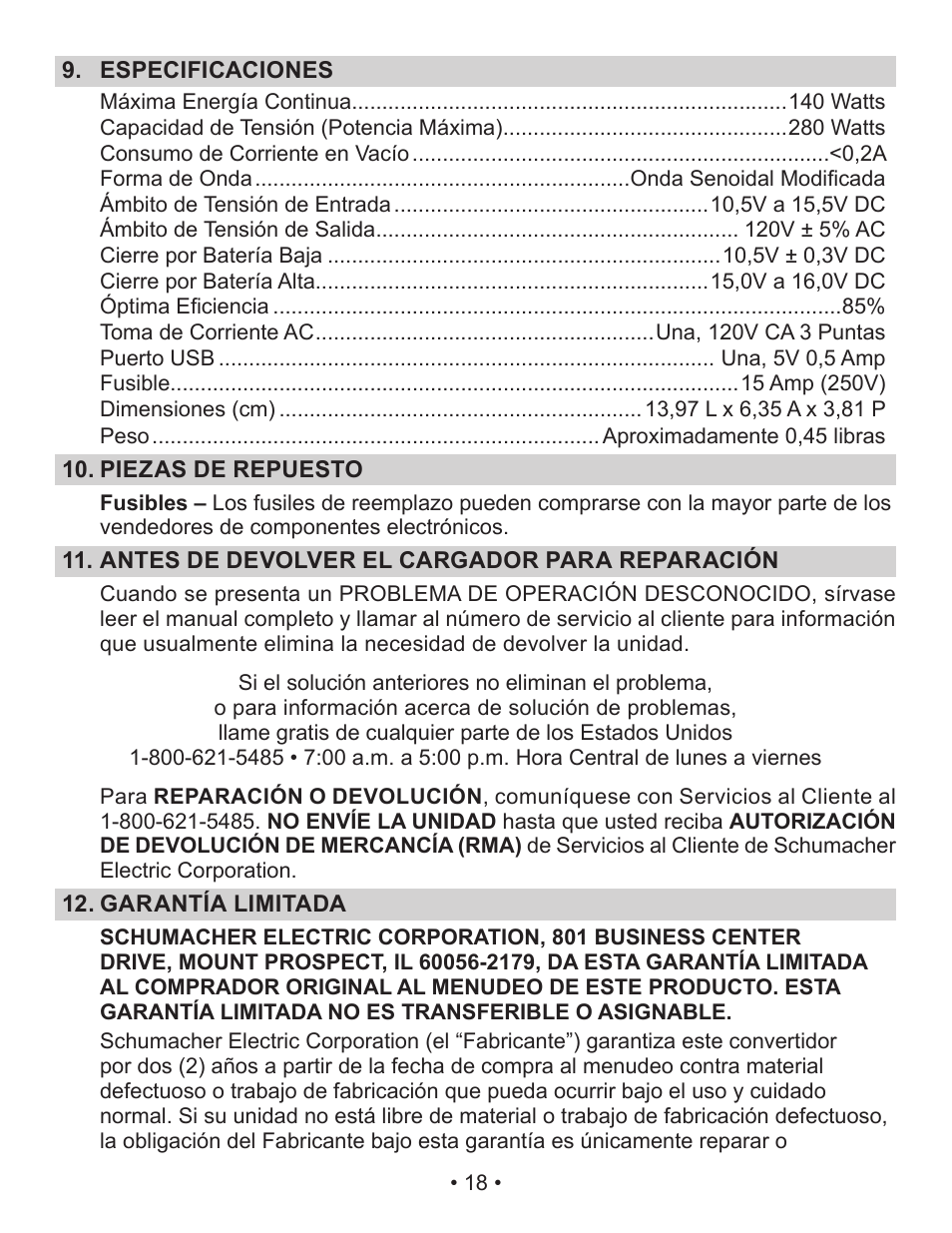 Schumacher Power Inverter PI-140 User Manual | Page 18 / 27
