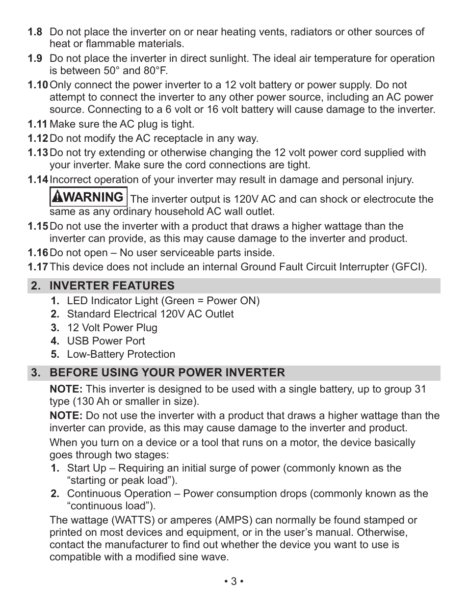 Schumacher Power Inverter PI-140 User Manual | Page 3 / 27