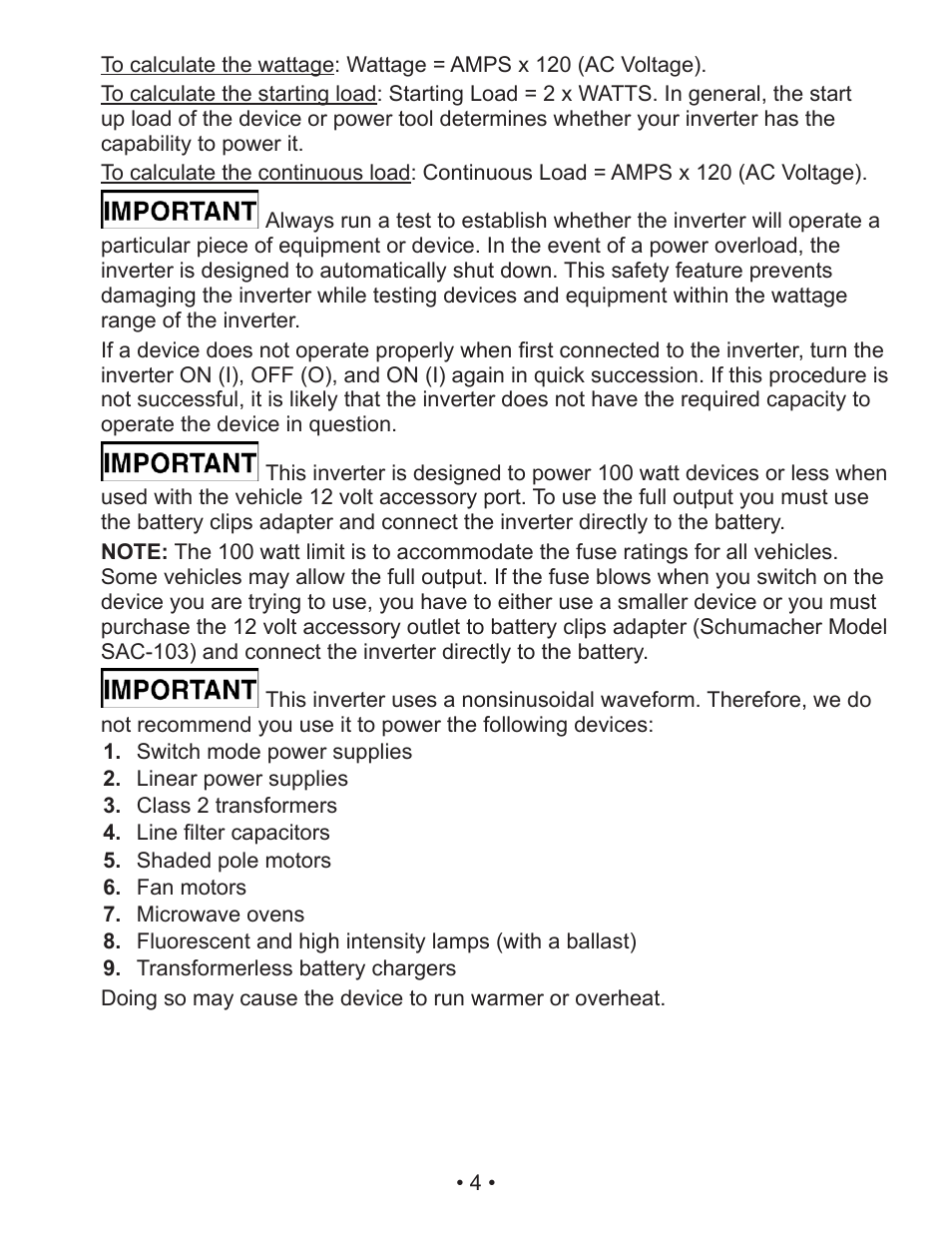 Schumacher Power Inverter PI-140 User Manual | Page 4 / 27