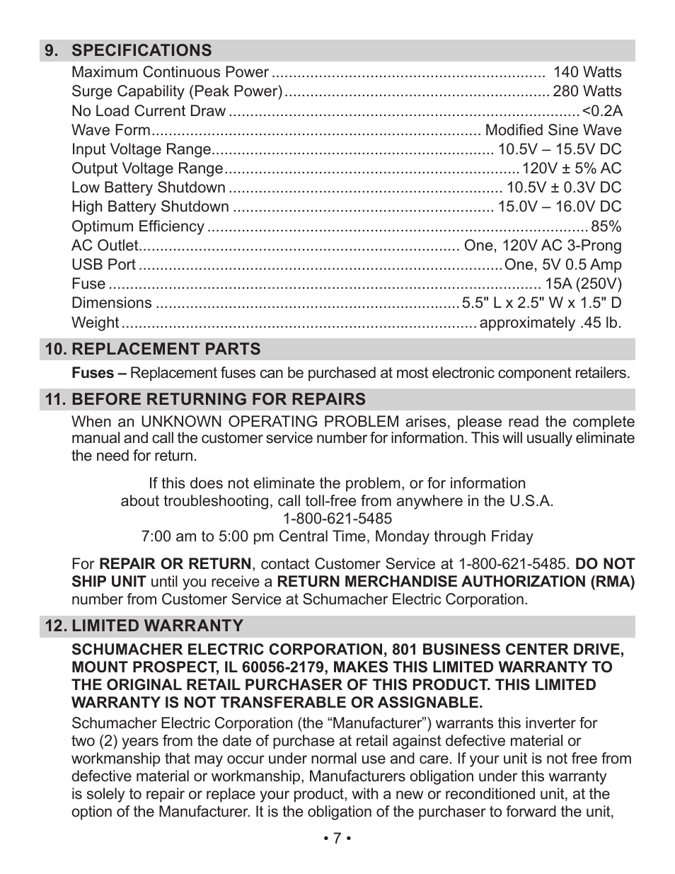 Schumacher Power Inverter PI-140 User Manual | Page 7 / 27