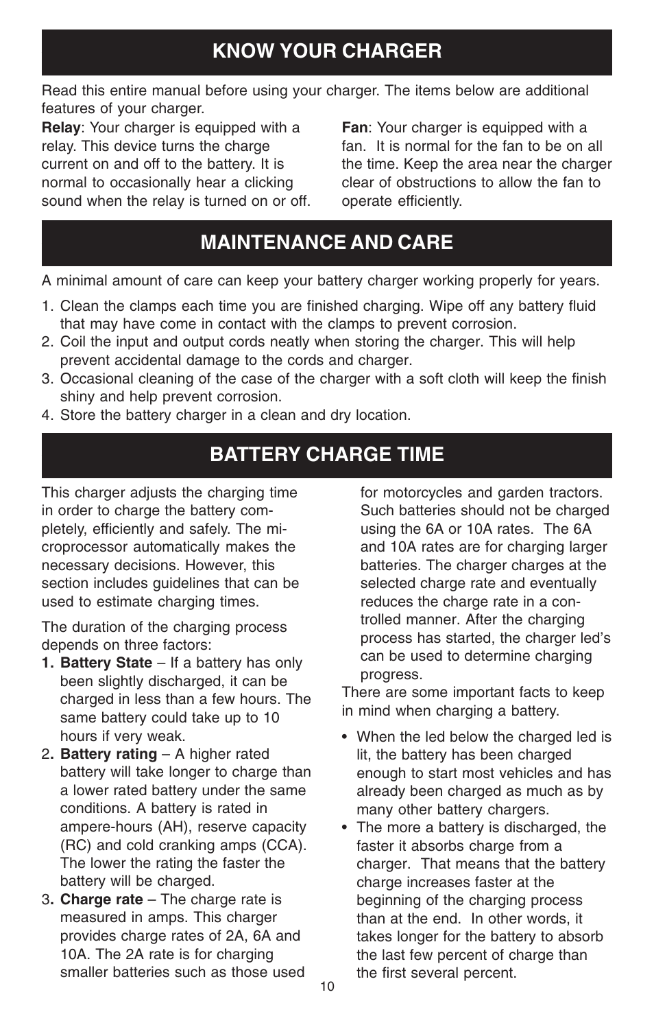 Know your charger, Maintenance and care, Battery charge time | Schumacher 1000AP User Manual | Page 10 / 12