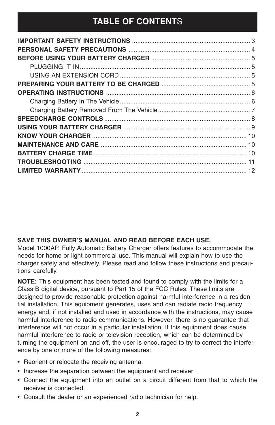 Table of content s | Schumacher 1000AP User Manual | Page 2 / 12