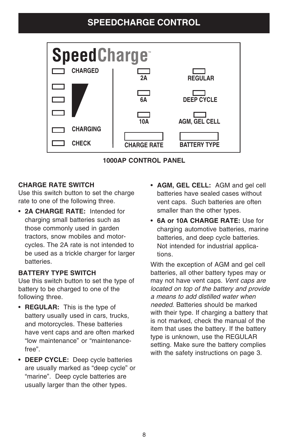 Speed charge, Speedcharge control | Schumacher 1000AP User Manual | Page 8 / 12