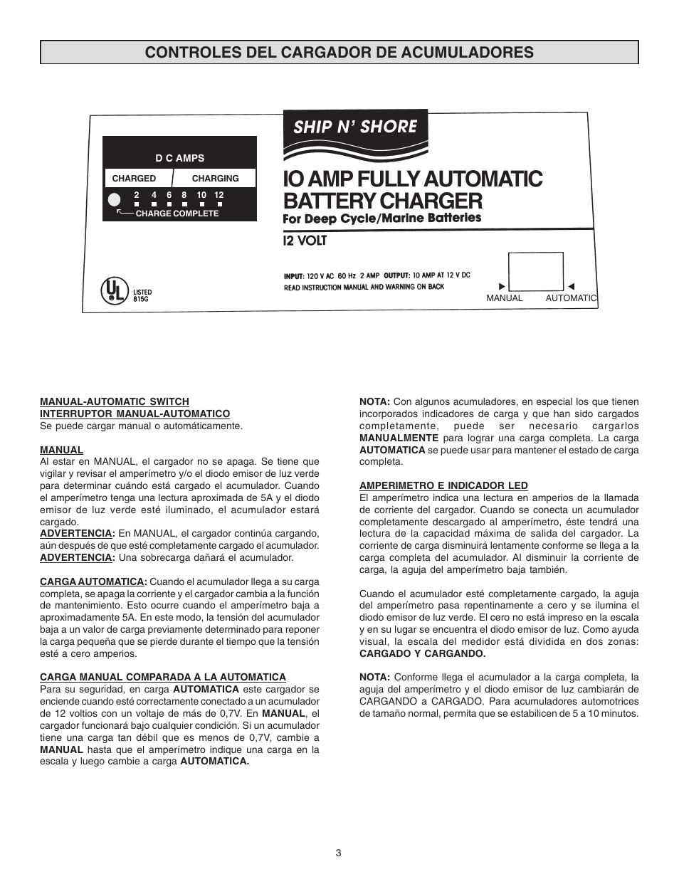 Io amp fully automatic battery charger, Controles del cargador de acumuladores | Schumacher SS-51A-PE User Manual | Page 11 / 16