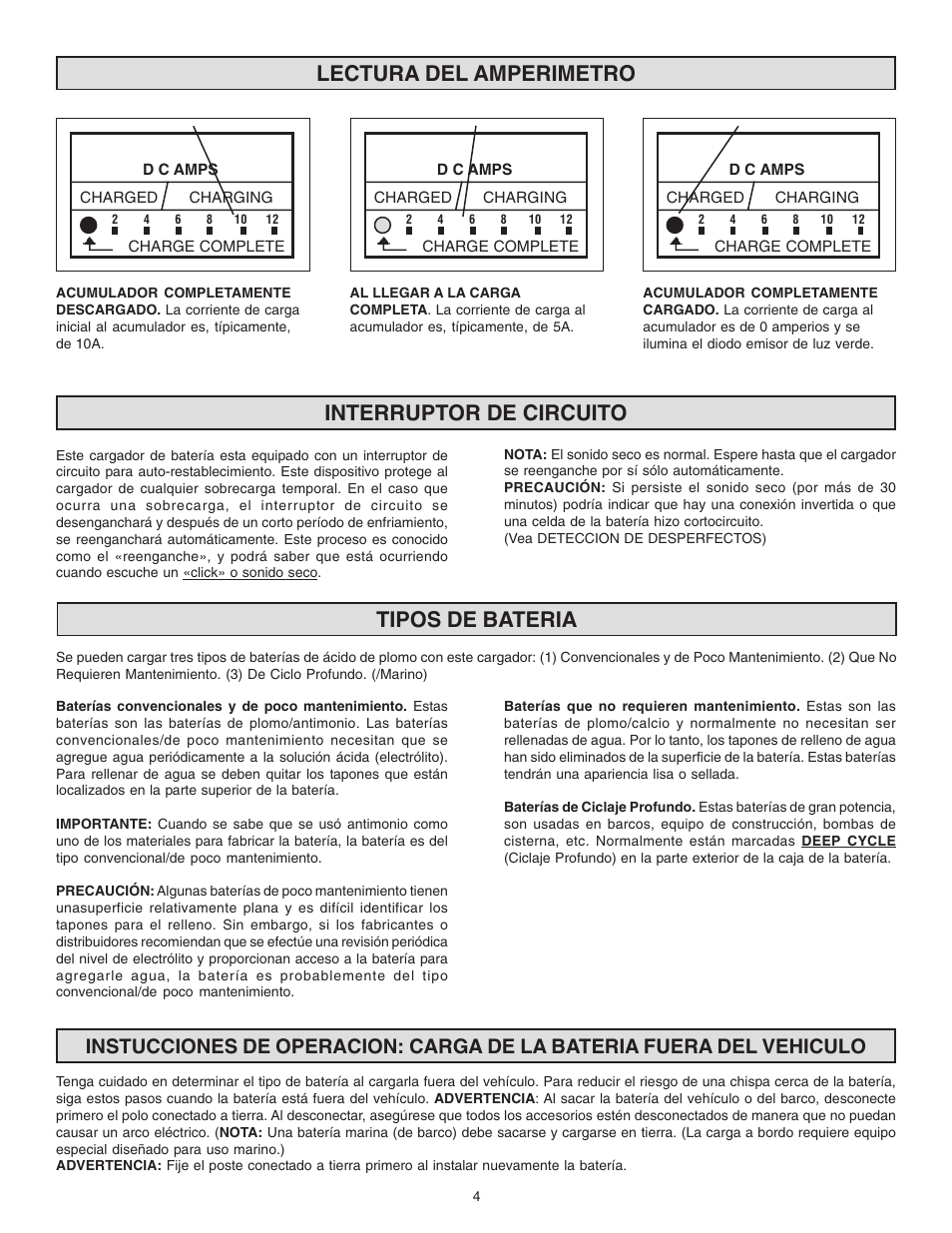 Lectura del amperimetro, Tipos de bateria, Interruptor de circuito | Schumacher SS-51A-PE User Manual | Page 12 / 16