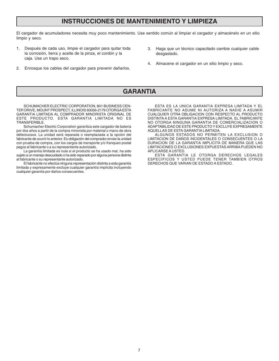 Instrucciones de mantenimiento y limpieza, Garantia | Schumacher SS-51A-PE User Manual | Page 15 / 16