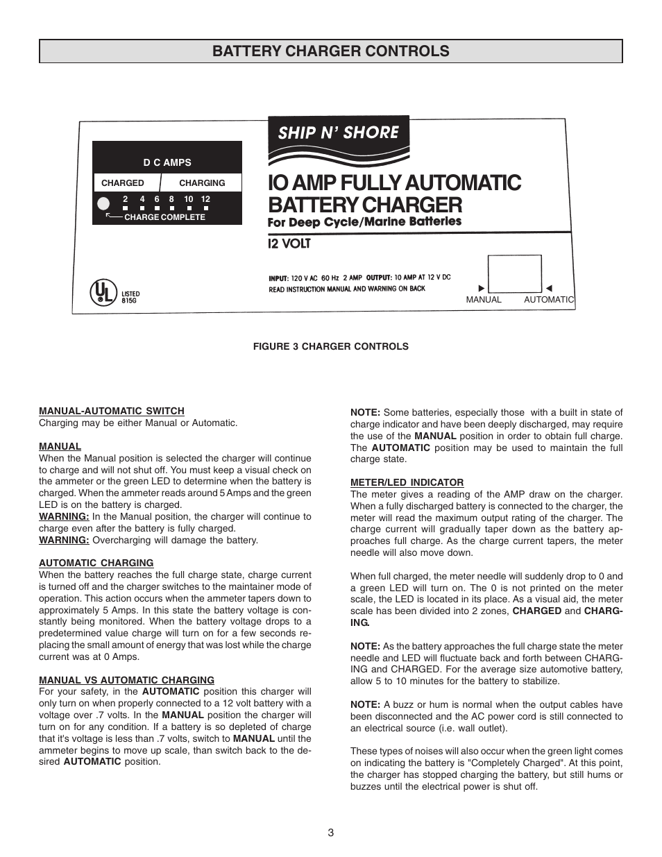 Io amp fully automatic battery charger, Battery charger controls | Schumacher SS-51A-PE User Manual | Page 3 / 16