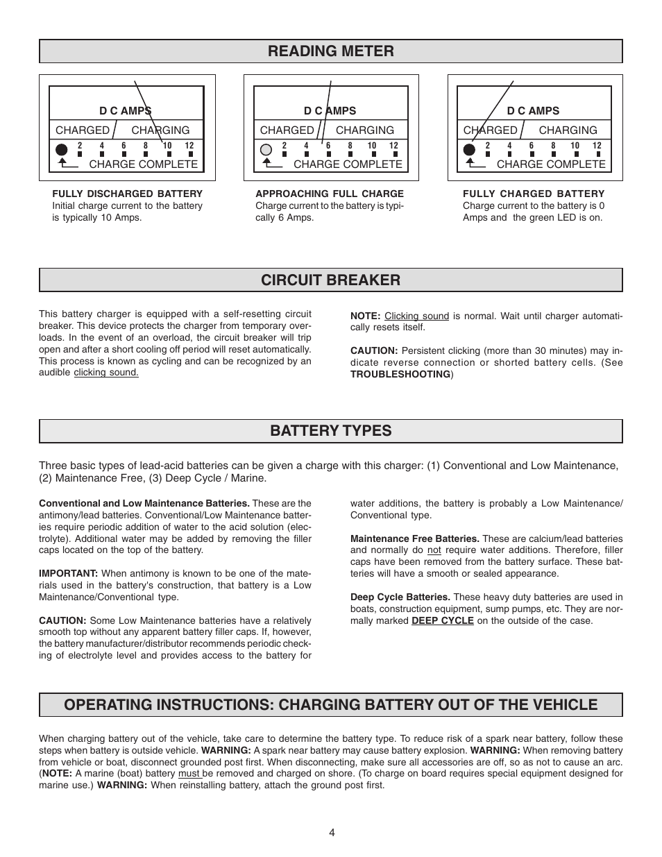 Reading meter circuit breaker, Battery types | Schumacher SS-51A-PE User Manual | Page 4 / 16