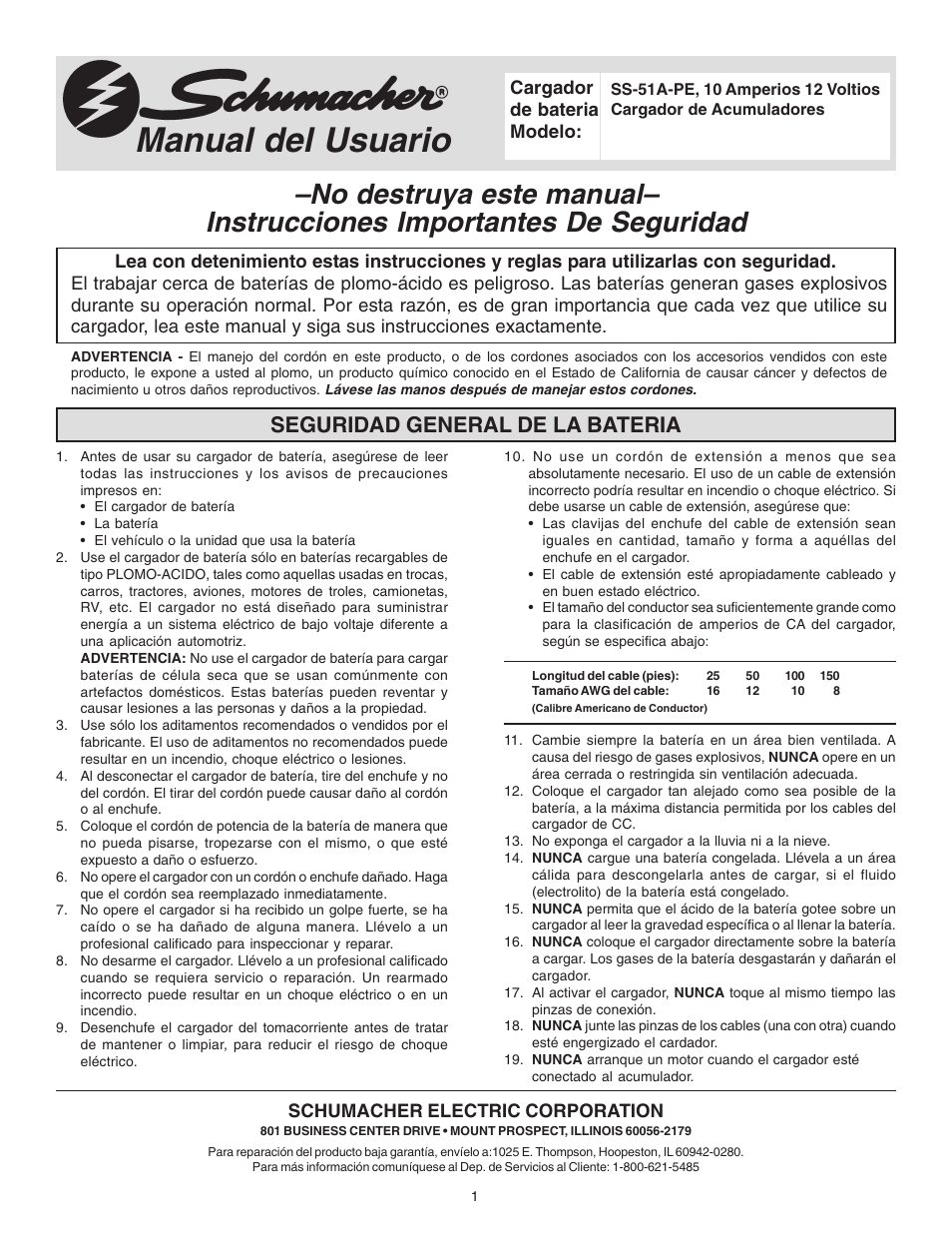 Manual del usuario, Seguridad general de la bateria | Schumacher SS-51A-PE User Manual | Page 9 / 16