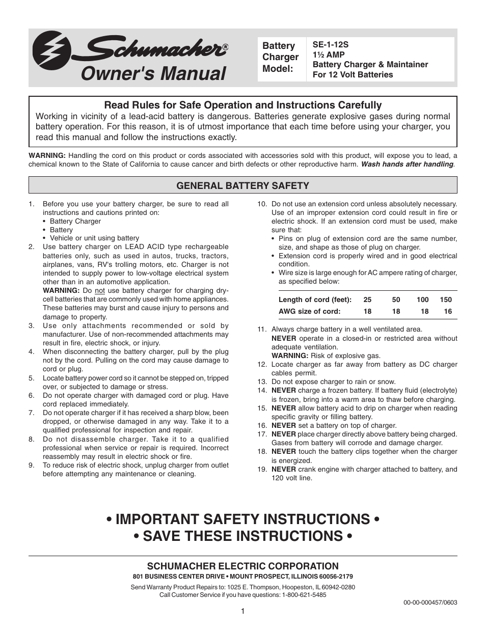 Schumacher SE-1-12S User Manual | 4 pages