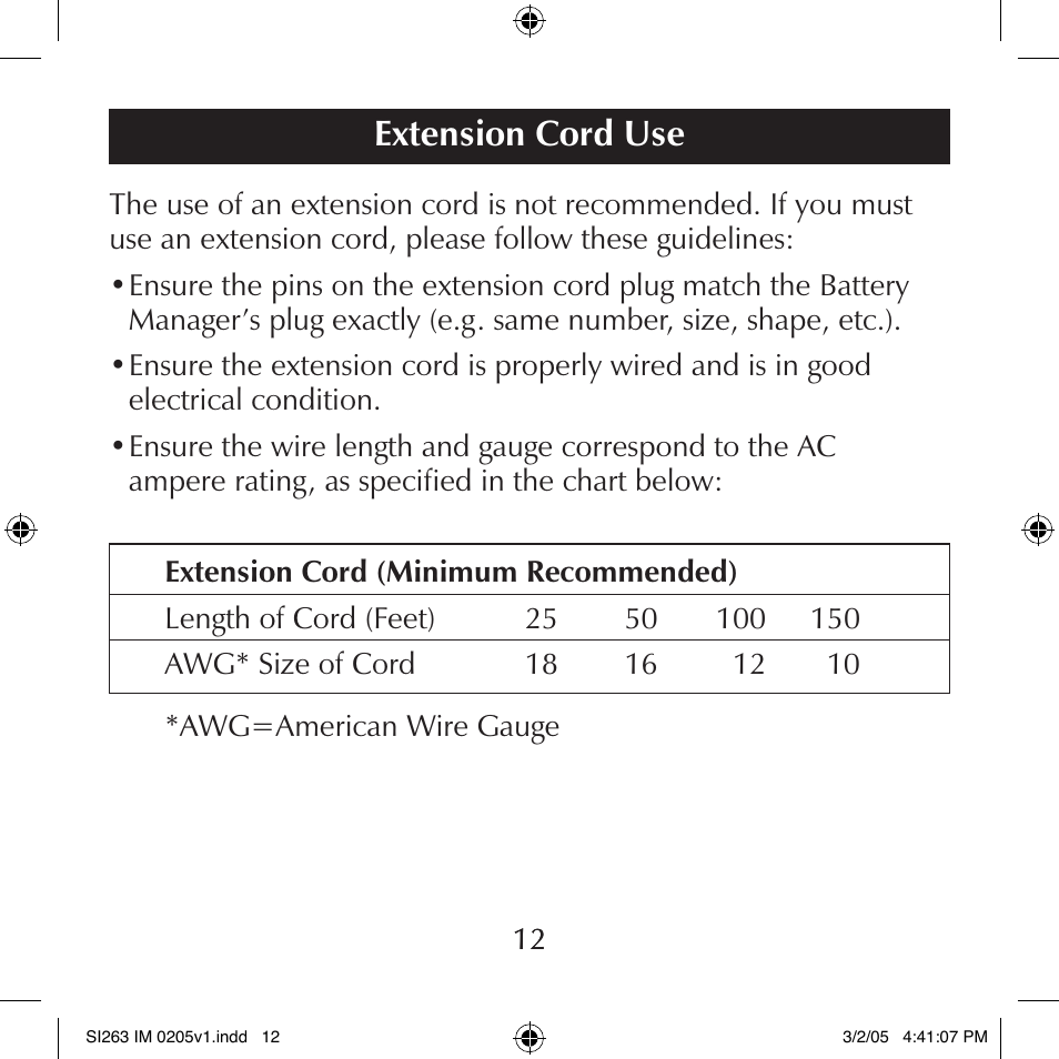 Extension cord use | Schumacher SI263 User Manual | Page 12 / 32