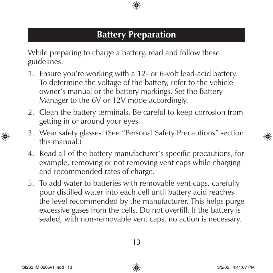 Battery preparation | Schumacher SI263 User Manual | Page 13 / 32