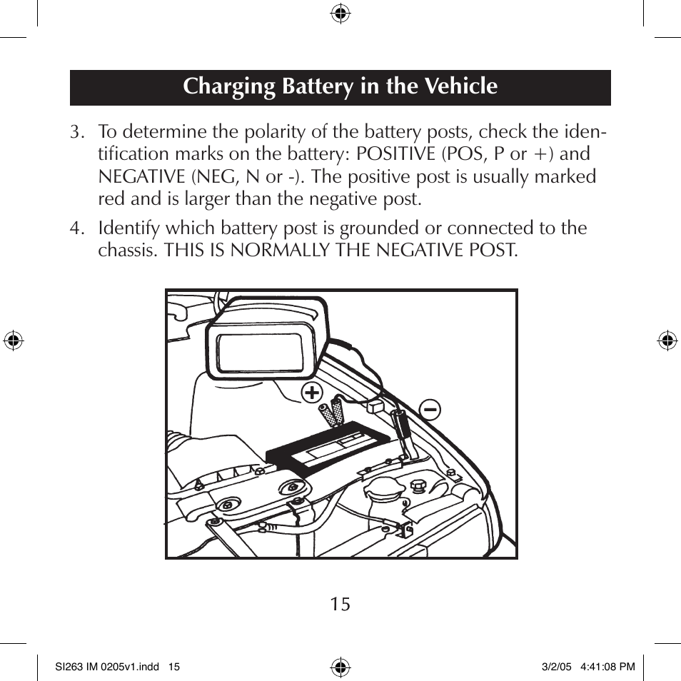 Charging battery in the vehicle | Schumacher SI263 User Manual | Page 15 / 32