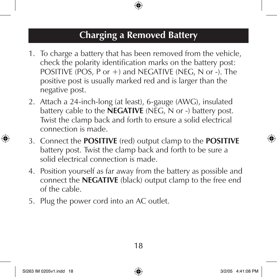 Charging a removed battery | Schumacher SI263 User Manual | Page 18 / 32