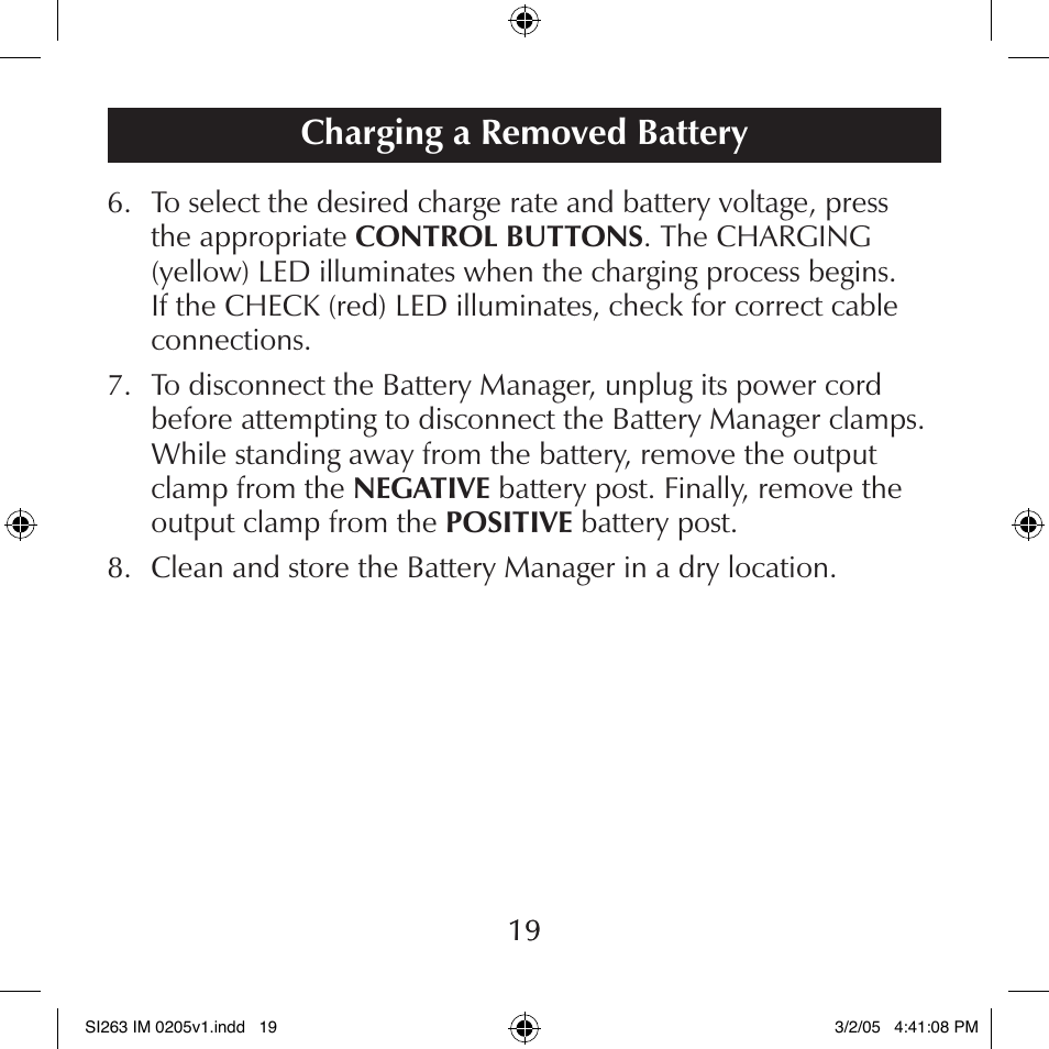 Charging a removed battery | Schumacher SI263 User Manual | Page 19 / 32