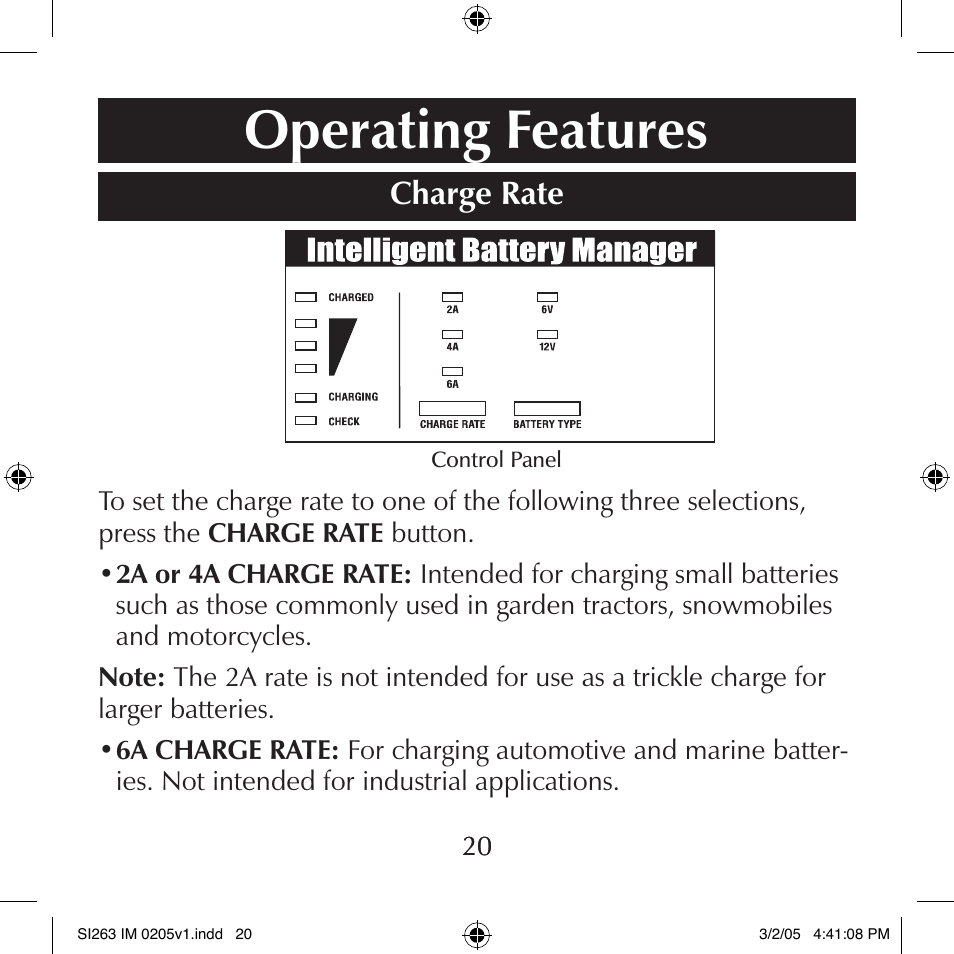 Operating features, Charge rate | Schumacher SI263 User Manual | Page 20 / 32