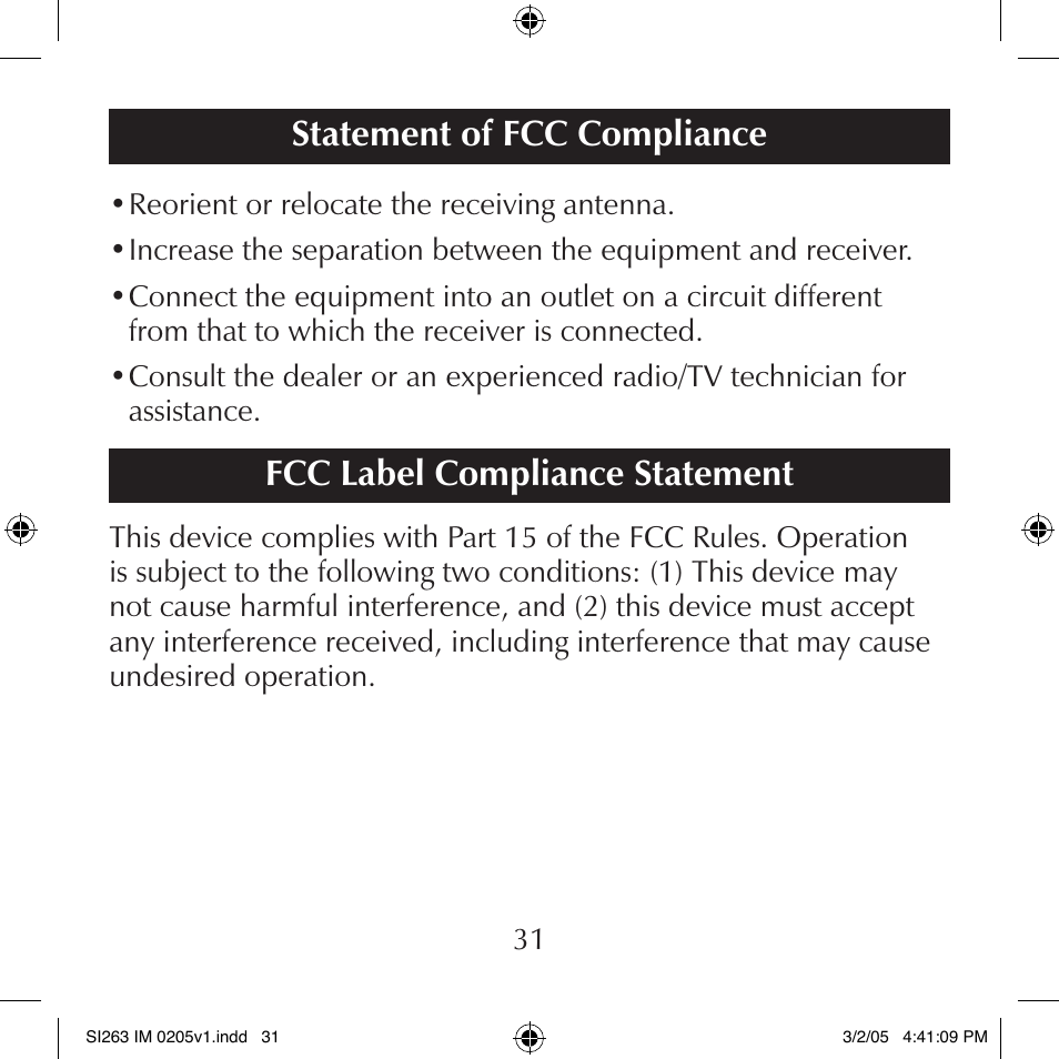 Statement of fcc compliance, Fcc label compliance statement | Schumacher SI263 User Manual | Page 31 / 32