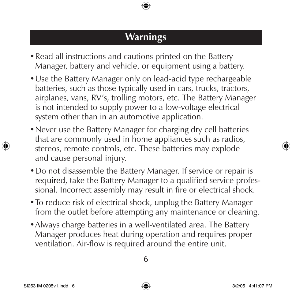 Warnings | Schumacher SI263 User Manual | Page 6 / 32