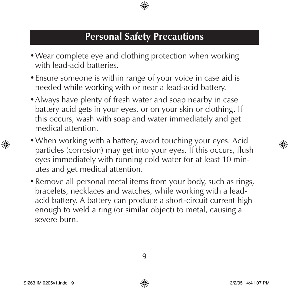 Personal safety precautions | Schumacher SI263 User Manual | Page 9 / 32