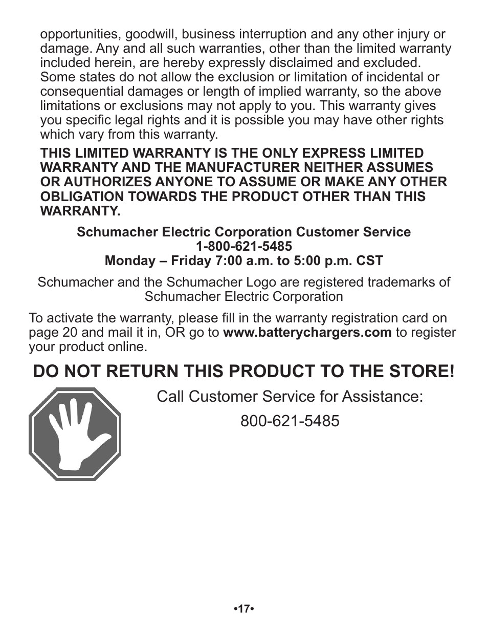 Do not return this product to the store | Schumacher Automatic SP1 User Manual | Page 18 / 43