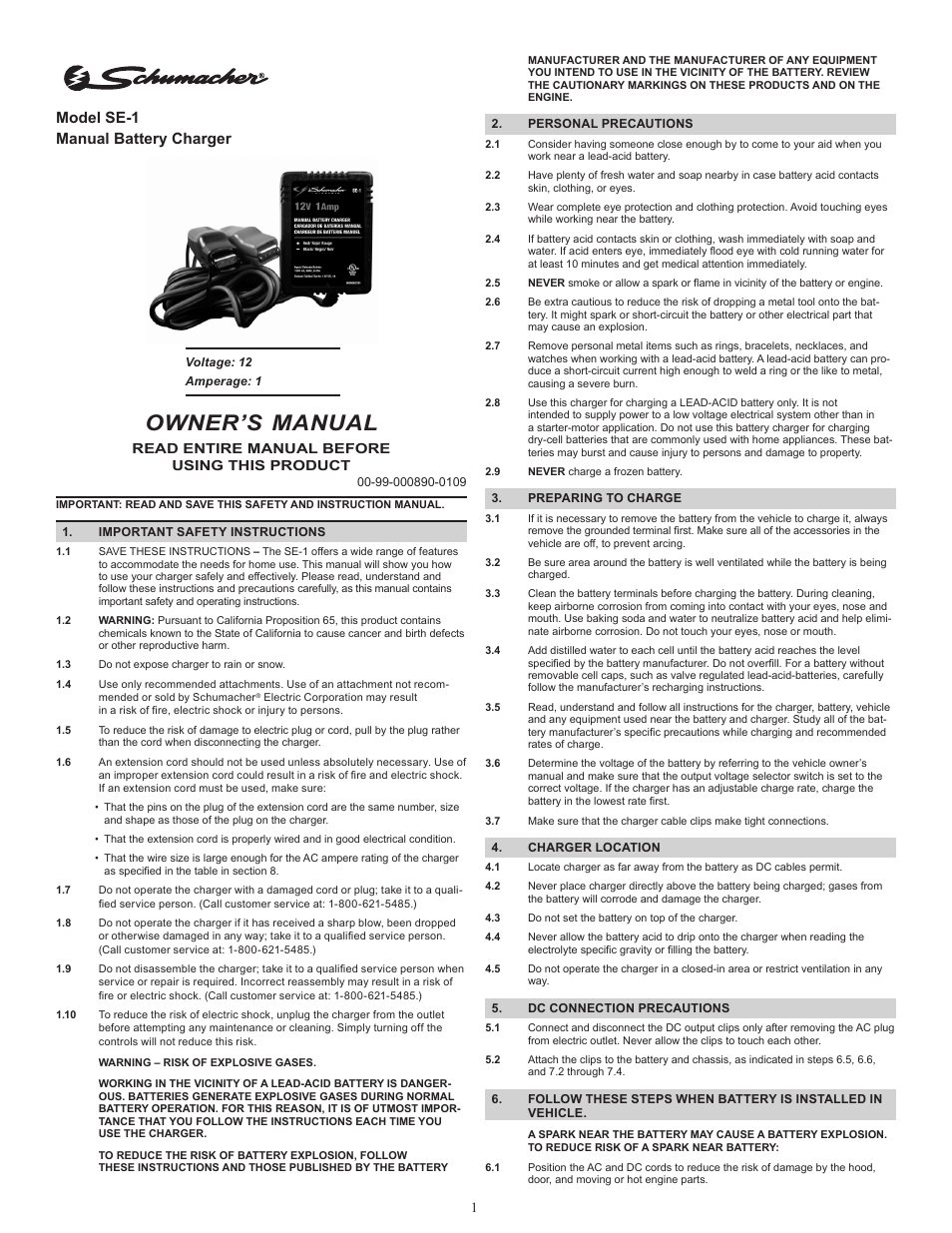 Schumacher Manual SE-1 User Manual | 8 pages