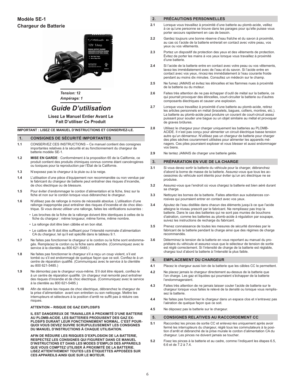 Guide d’utilisation, Modèle se-1 chargeur de batterie | Schumacher Manual SE-1 User Manual | Page 6 / 8