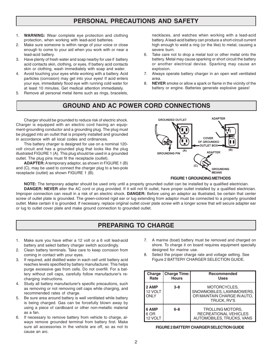 Personal precautions and safety, Preparing to charge, Ground and ac power cord connections | Schumacher SE-3002 User Manual | Page 2 / 8