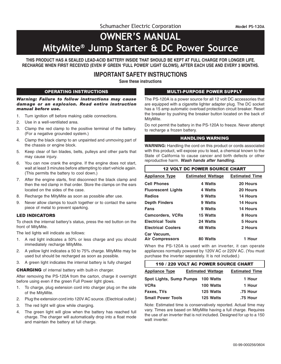 Schumacher PS-120A User Manual | 2 pages