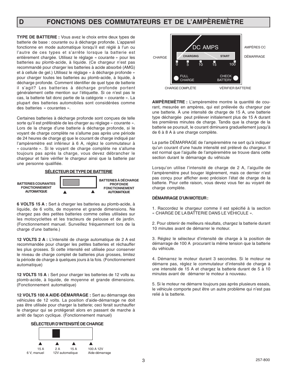 Fonctions des commutateurs et de l’ampèremètre, Dc amps | Schumacher SF-2151MA User Manual | Page 11 / 14