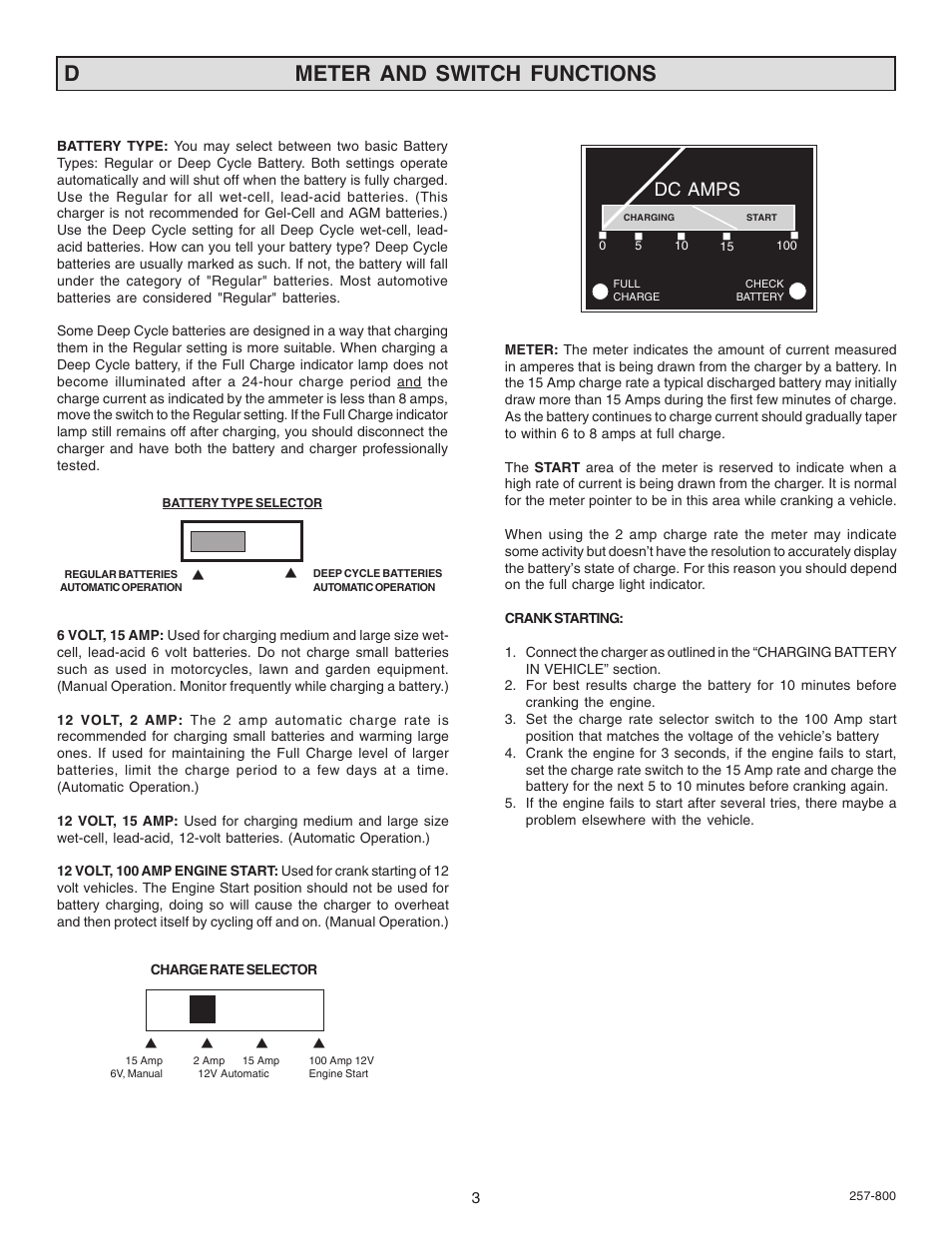 Meter and switch functions d, Dc amps | Schumacher SF-2151MA User Manual | Page 3 / 14