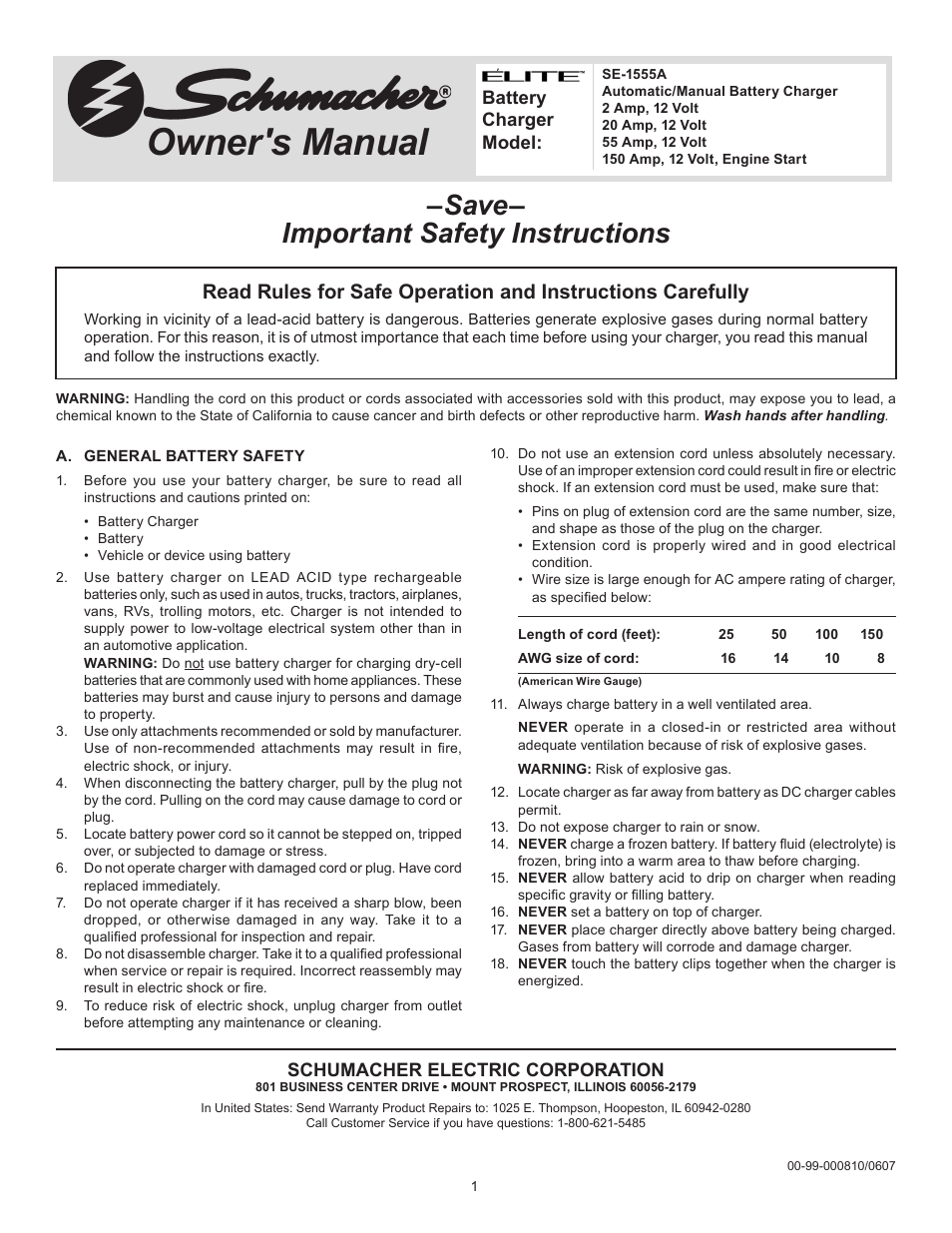 Schumacher Elite SE-1555A User Manual | 16 pages