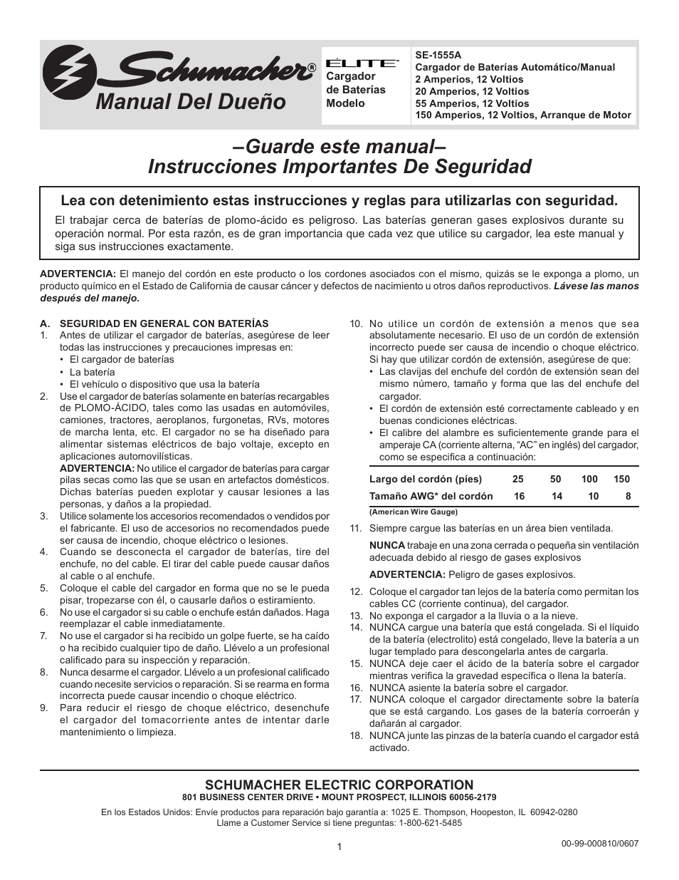 99-000810-0607_spanish, Manual del dueño, Schumacher electric corporation | Schumacher Elite SE-1555A User Manual | Page 9 / 16