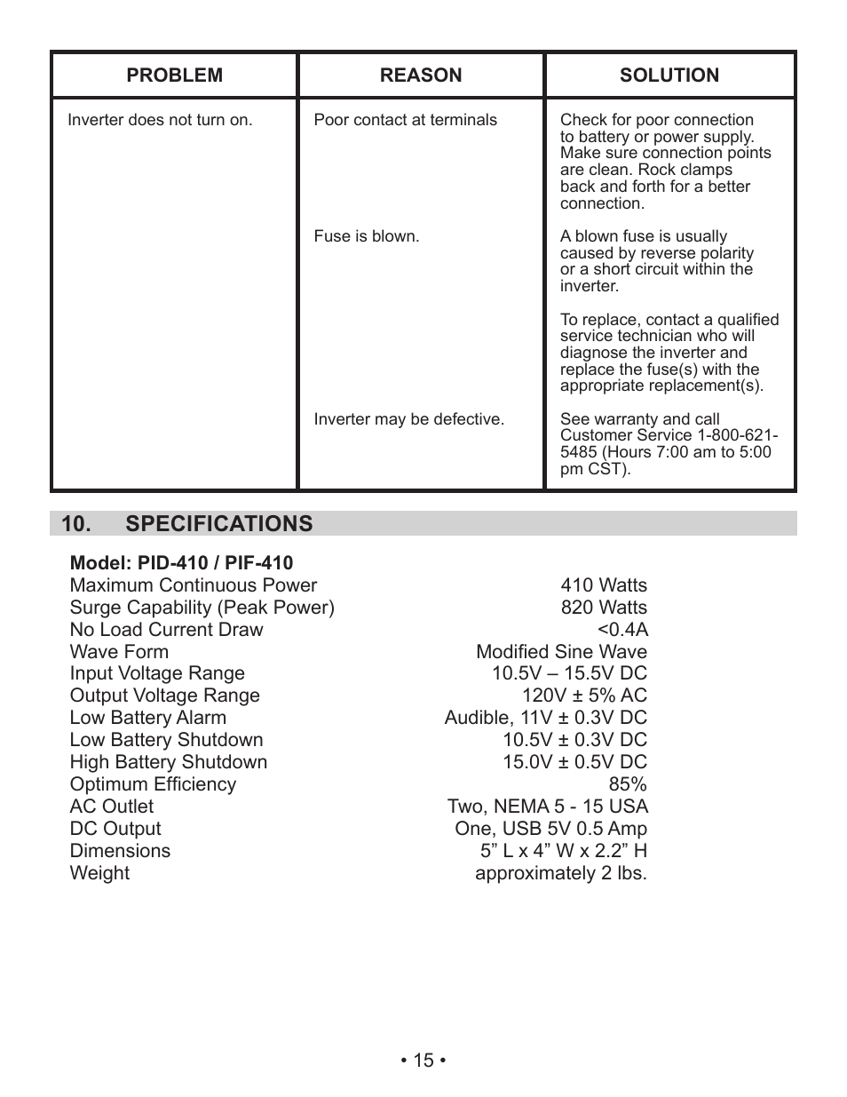 Specifications 10 | Schumacher Power Inverter PID-410 User Manual | Page 15 / 42